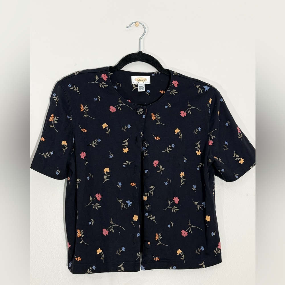 Talbots Black Floral Short Sleeve Jacket